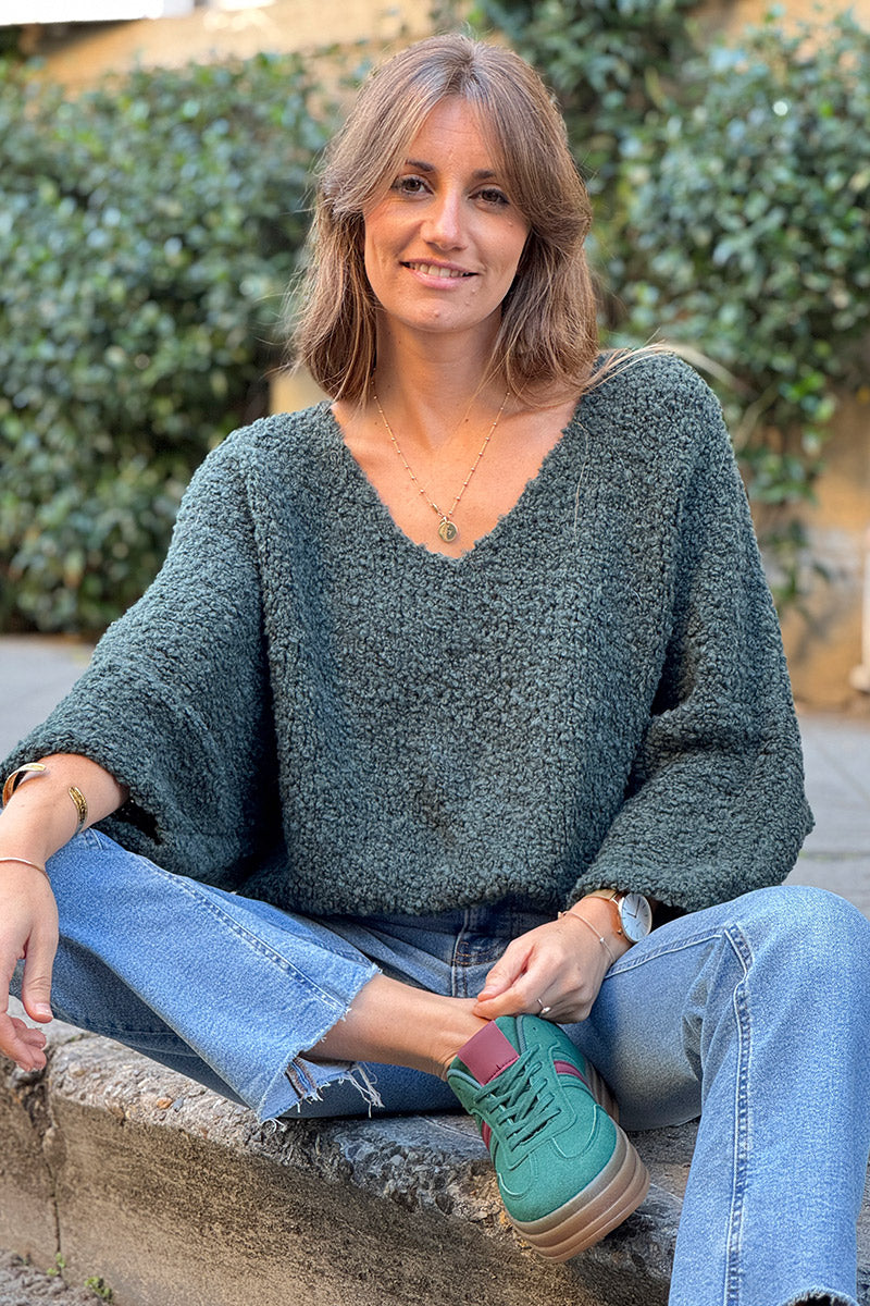 Dark Green Fuzzy Knit Alpaca Sweater