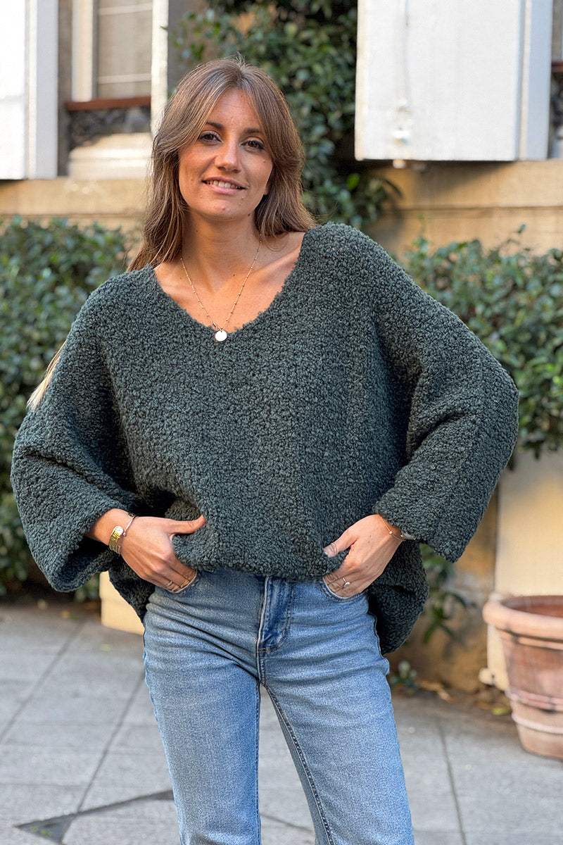Dark Green Fuzzy Knit Alpaca Sweater