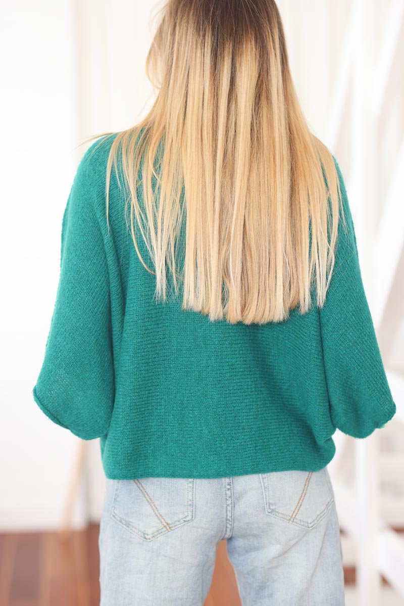 Pull vert maille fine manches chauve souris e009 (1)