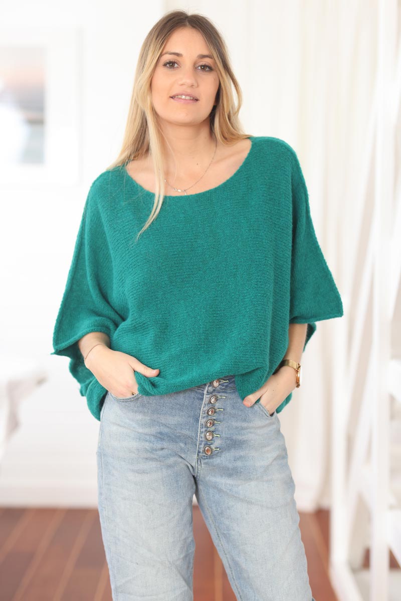 Pull vert maille fine manches chauve souris e009 (1)
