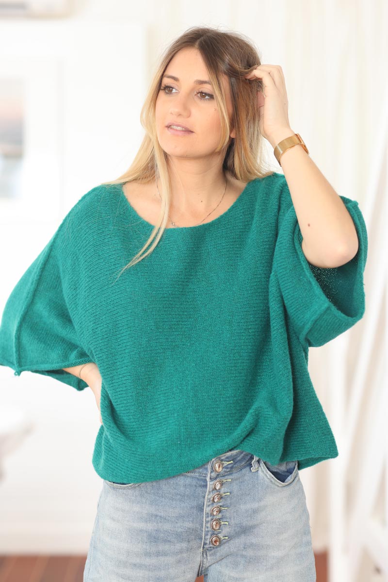 Pull vert maille fine manches chauve souris e009 (1)