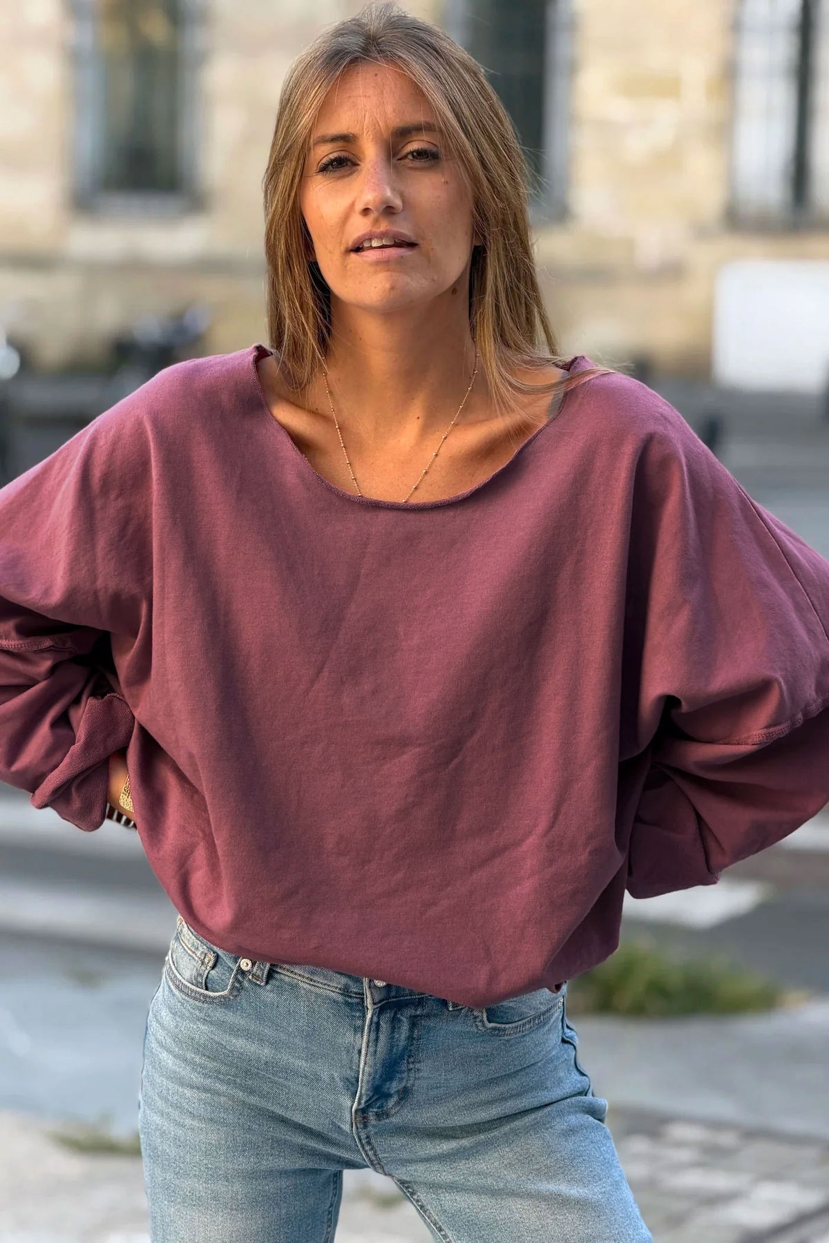 Pink Stretch Knit Long-Sleeve Slouchy Tshirt
