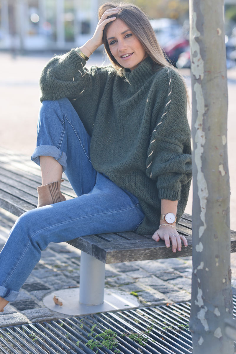Oversized chunky knit sweater in khaki with gold seam stitching detail