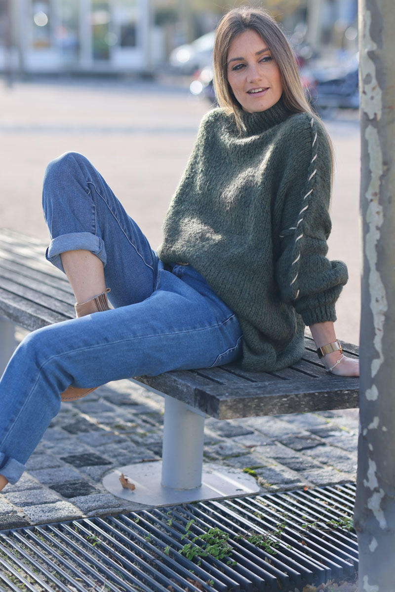 Oversized chunky knit sweater in khaki with gold seam stitching detail