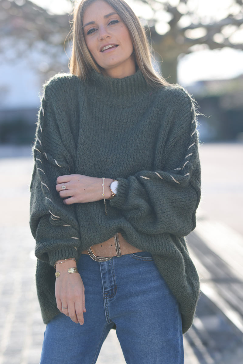 Oversized chunky knit sweater in khaki with gold seam stitching detail