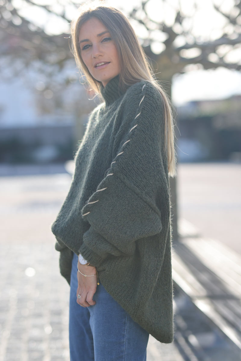 Oversized chunky knit sweater in khaki with gold seam stitching detail