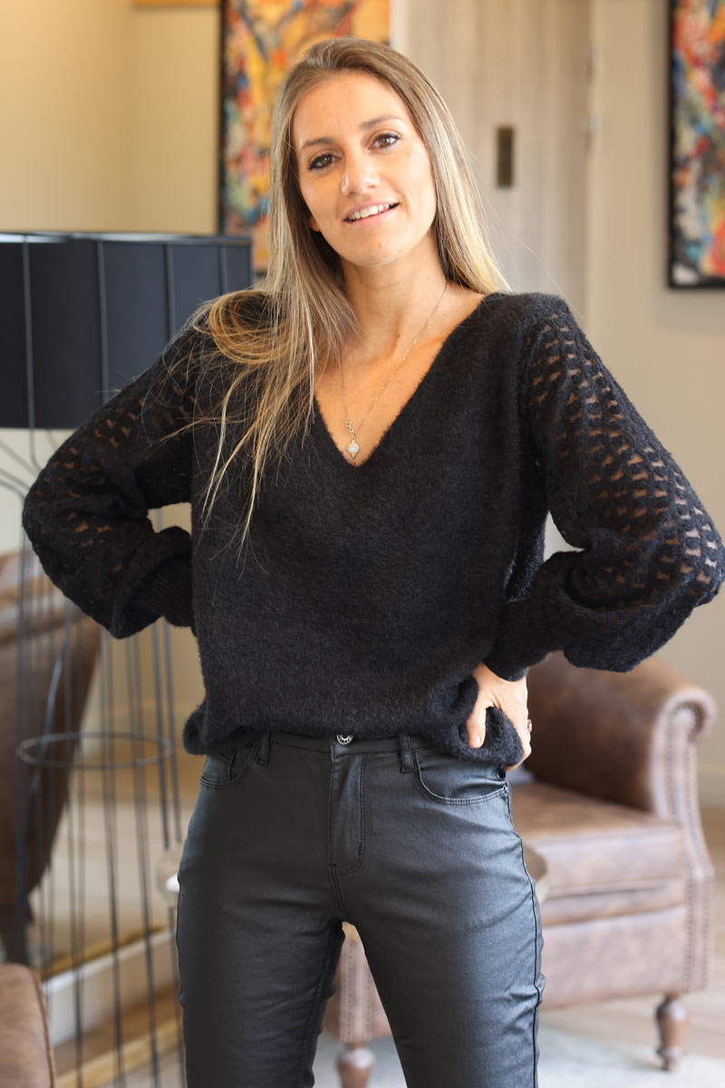 Black super soft knit sweater with lace heart sleeves
