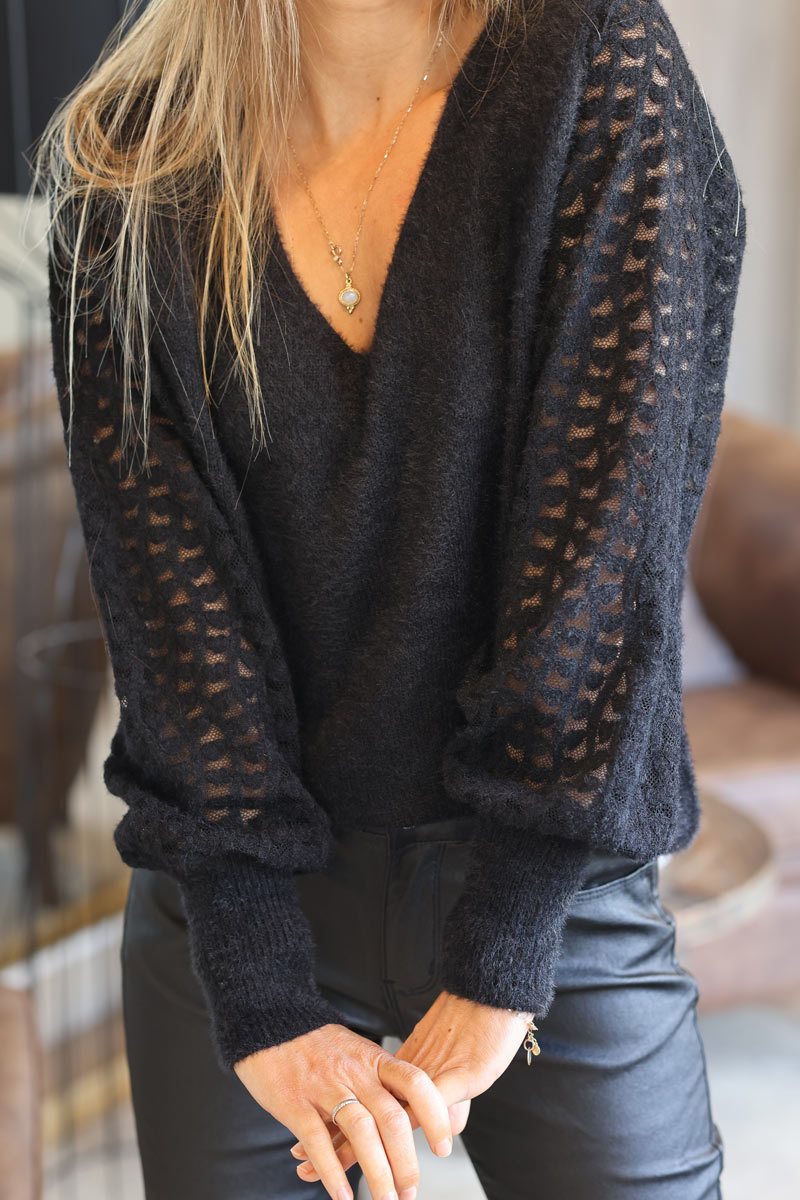 Black super soft knit sweater with lace heart sleeves