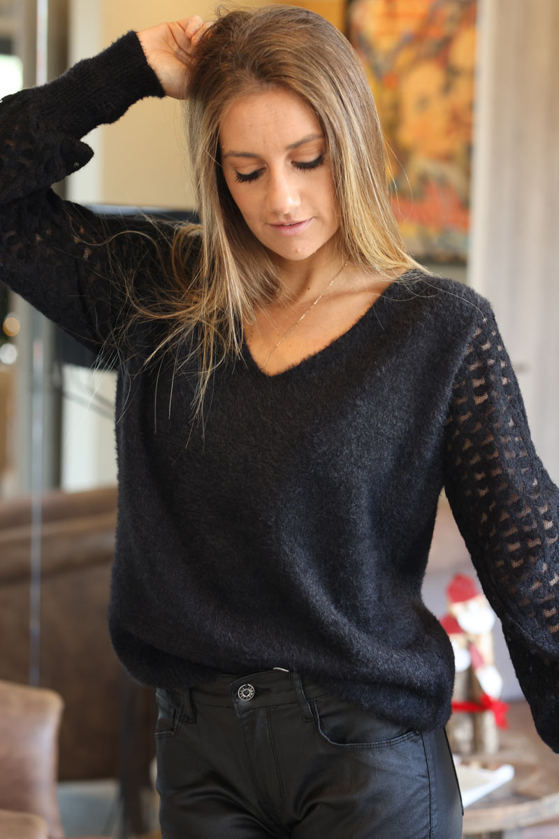 Black super soft knit sweater with lace heart sleeves