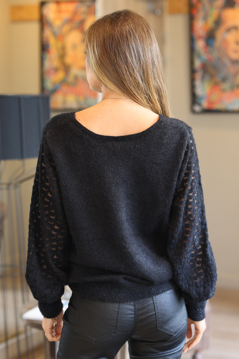Black super soft knit sweater with lace heart sleeves