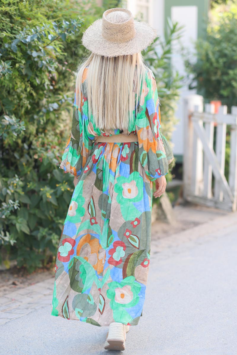 ROBE G094 LONG FLEURS ABST KAKI G084 (1)