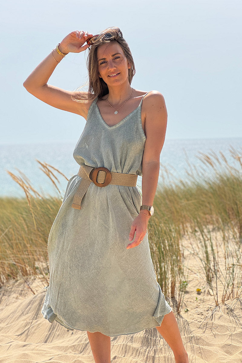 Olive Linen Strappy Sundress