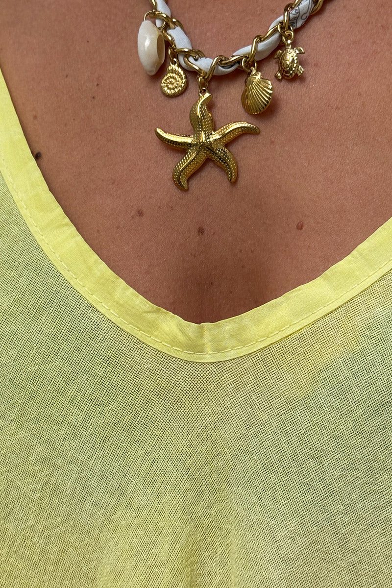 Robe à bretelles mi longue évasée en coton jaune pâle délavé