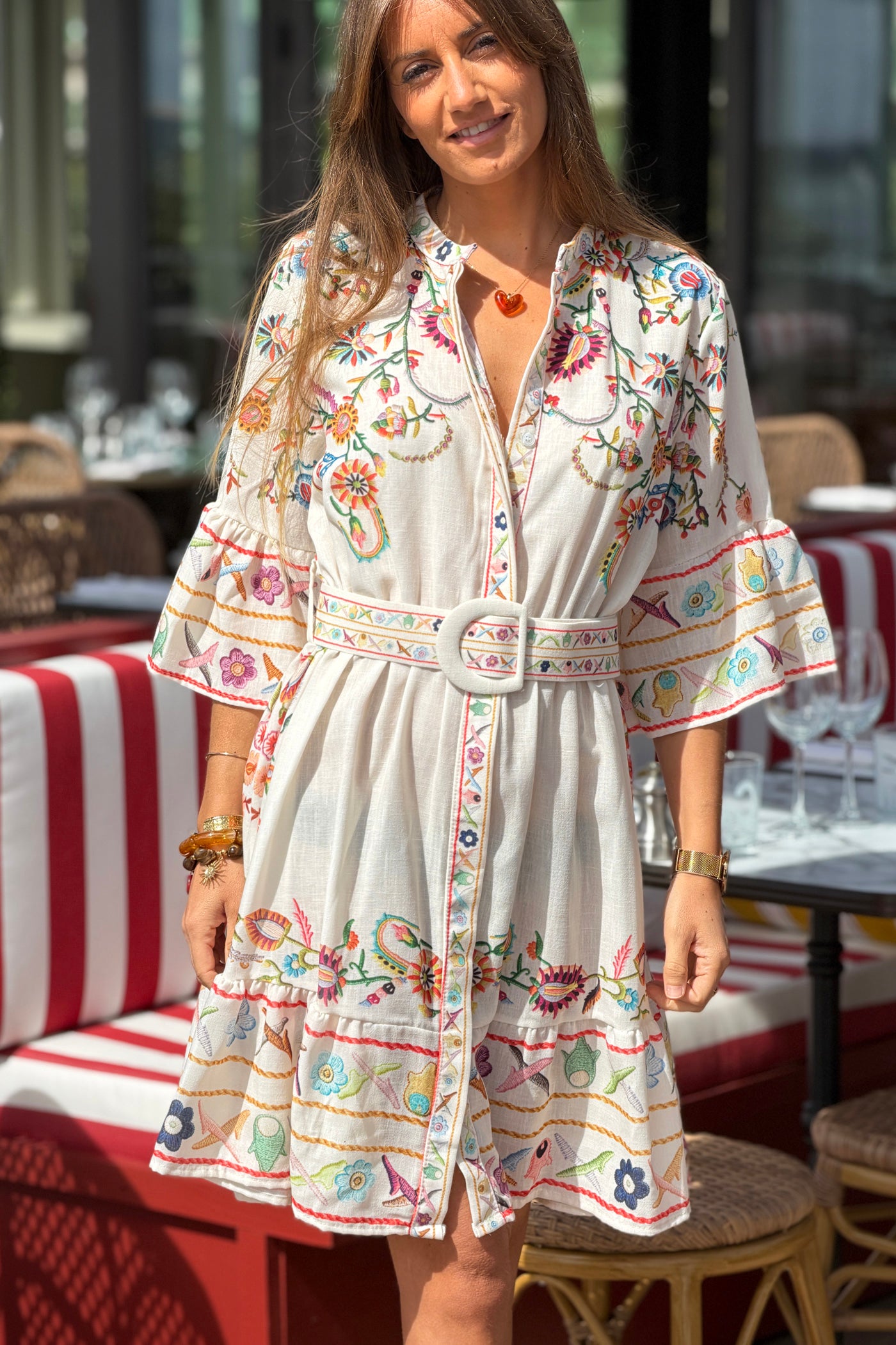 Beige Embroidered Folk Garden Belted Dress