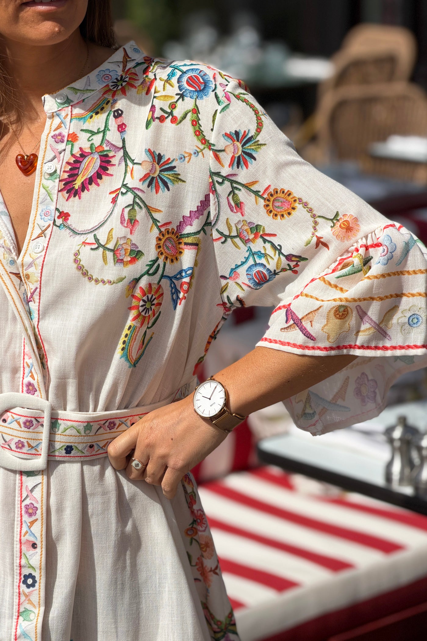 Beige Embroidered Folk Garden Belted Dress