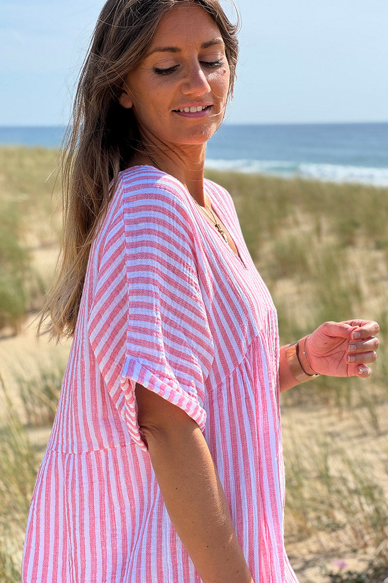 Robe blanche en gaze de coton rayures corail manches looses