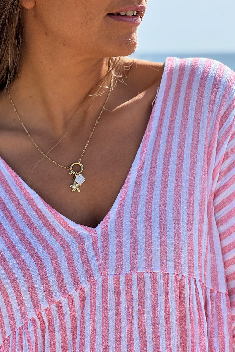 Robe blanche en gaze de coton rayures corail manches looses