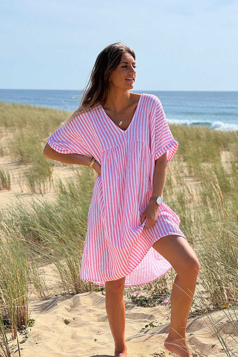 Robe blanche en gaze de coton rayures corail manches looses
