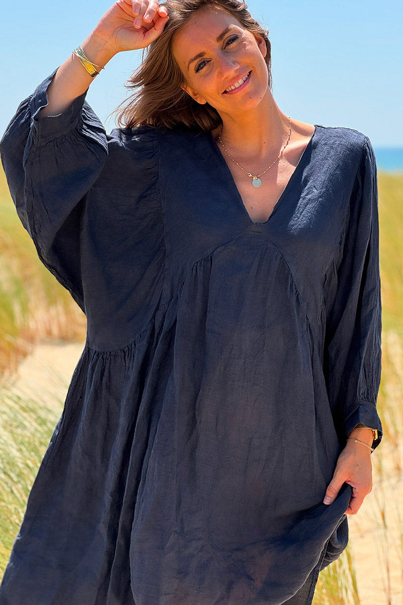 Navy blue Linen Babydoll Dress