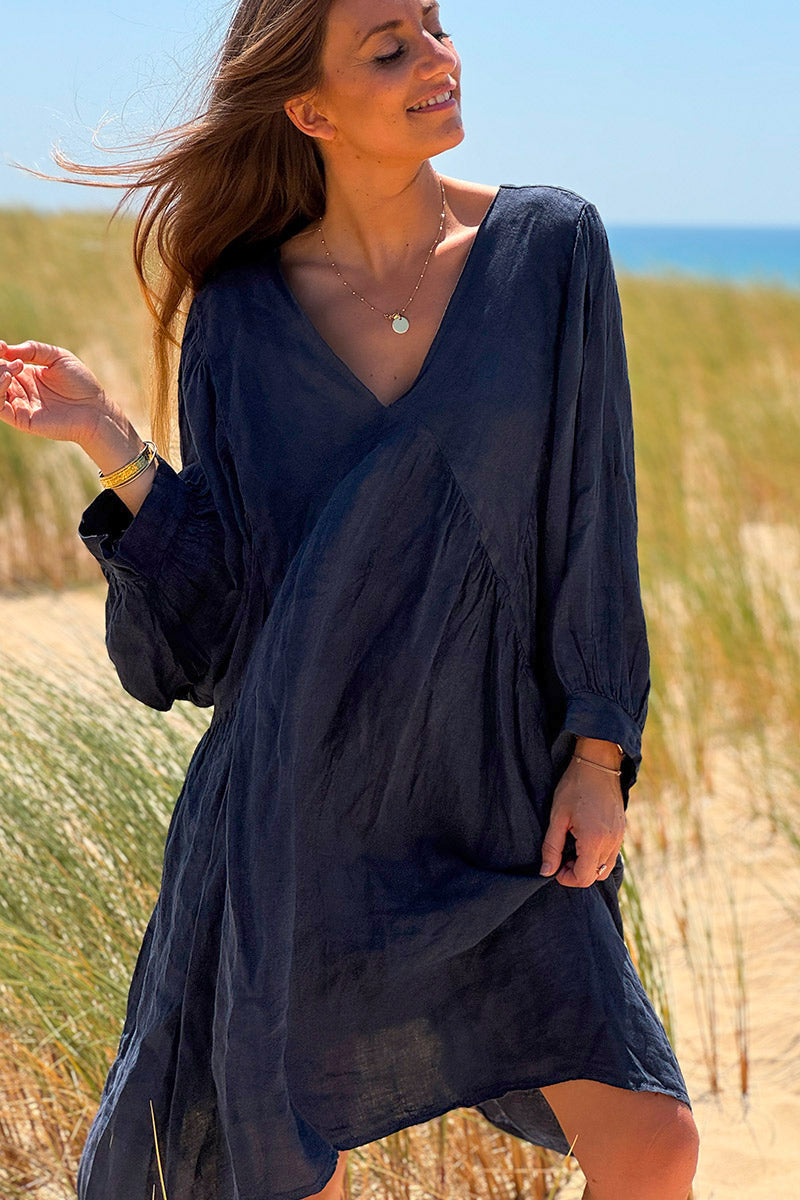 Navy blue Linen Babydoll Dress