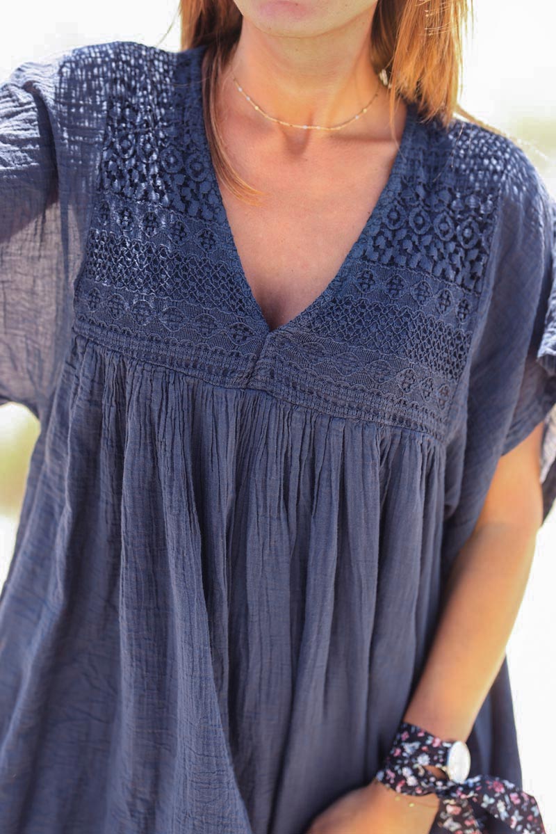 Navy blue Floaty Cotton Dress with Lace Top