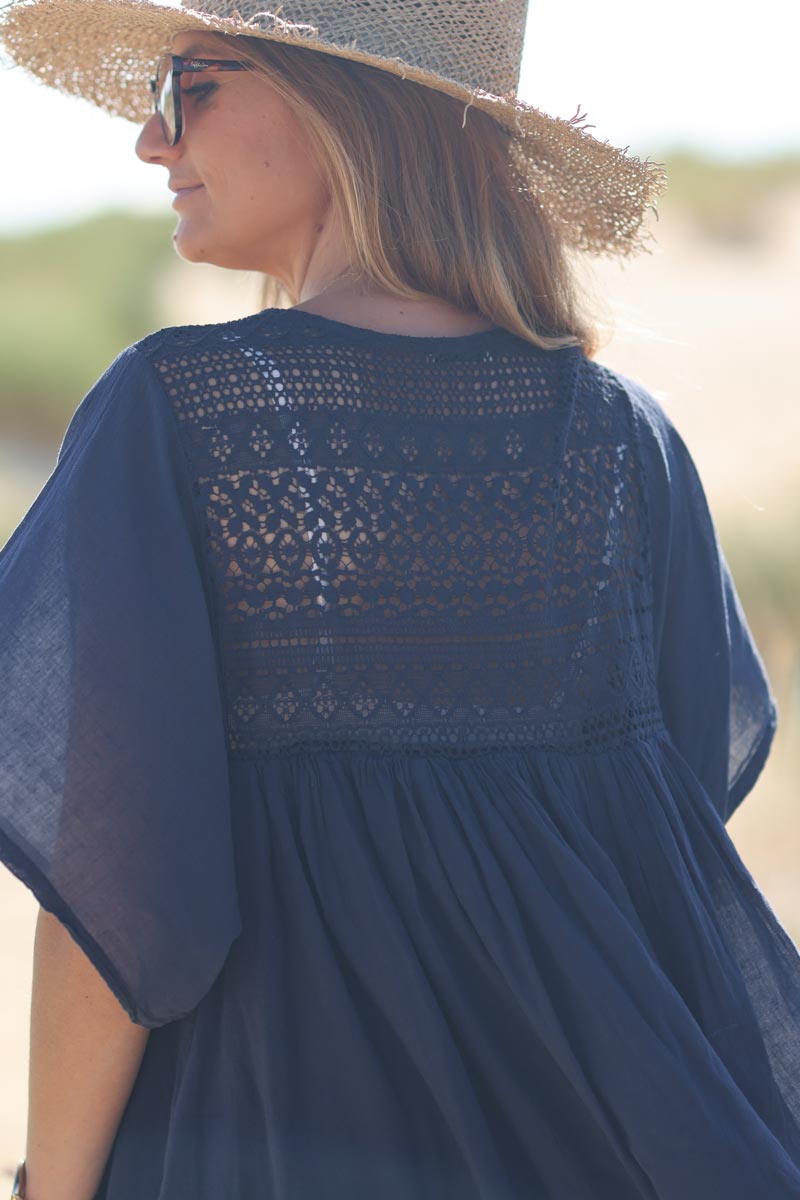Navy blue Floaty Cotton Dress with Lace Top