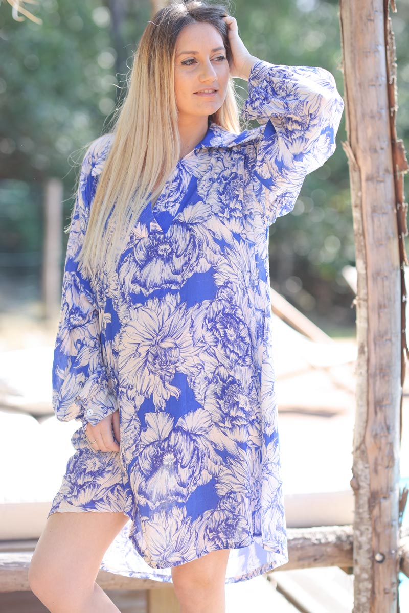 Robe bleu roi col chemise imprime grosses fleurs G012 (1)