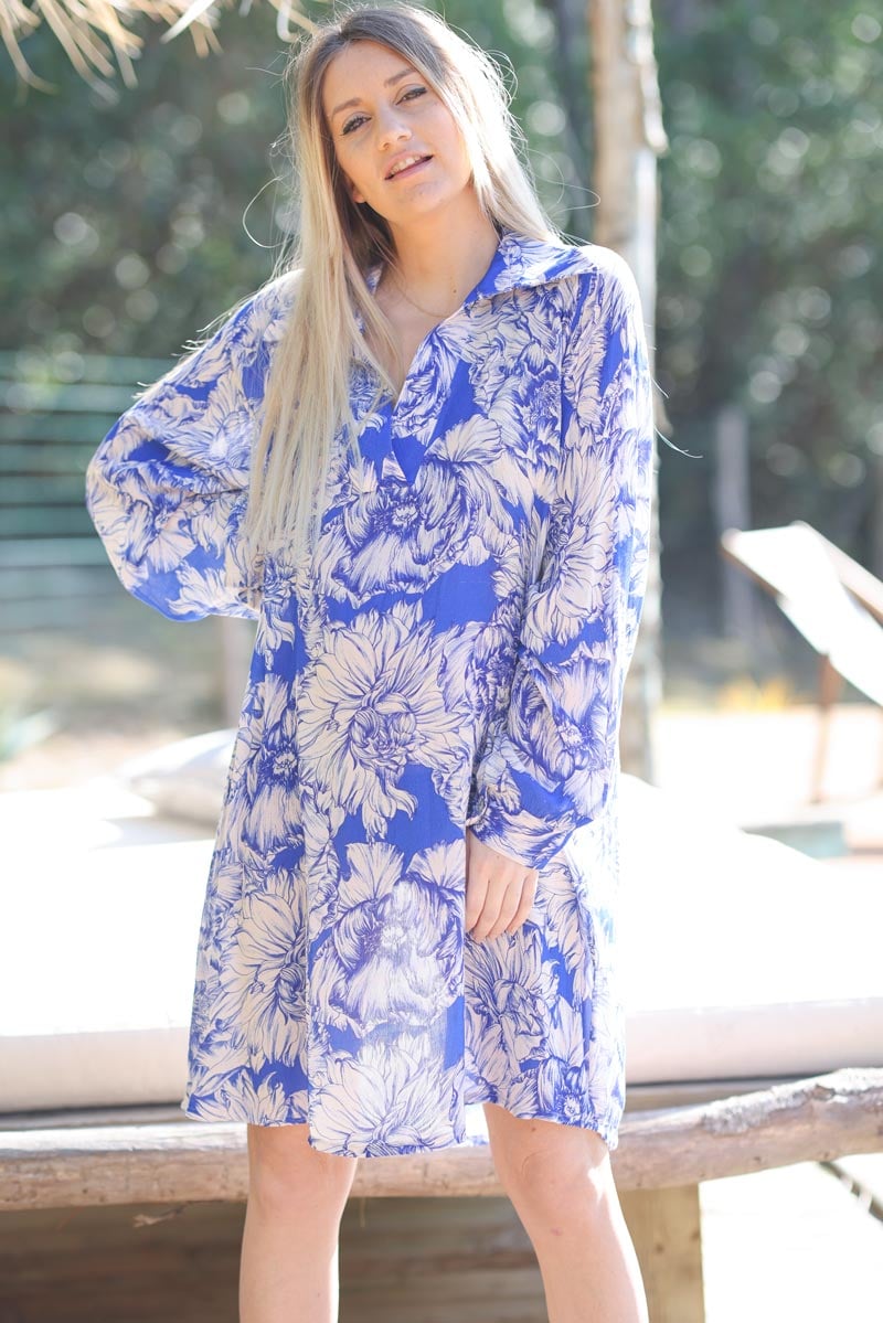 Robe bleu roi col chemise imprime grosses fleurs G012 (1)