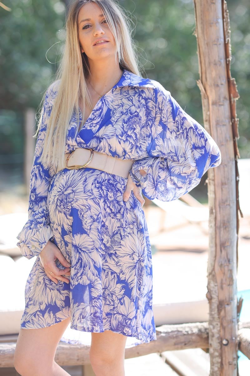 Robe bleu roi col chemise imprime grosses fleurs G012 (1)