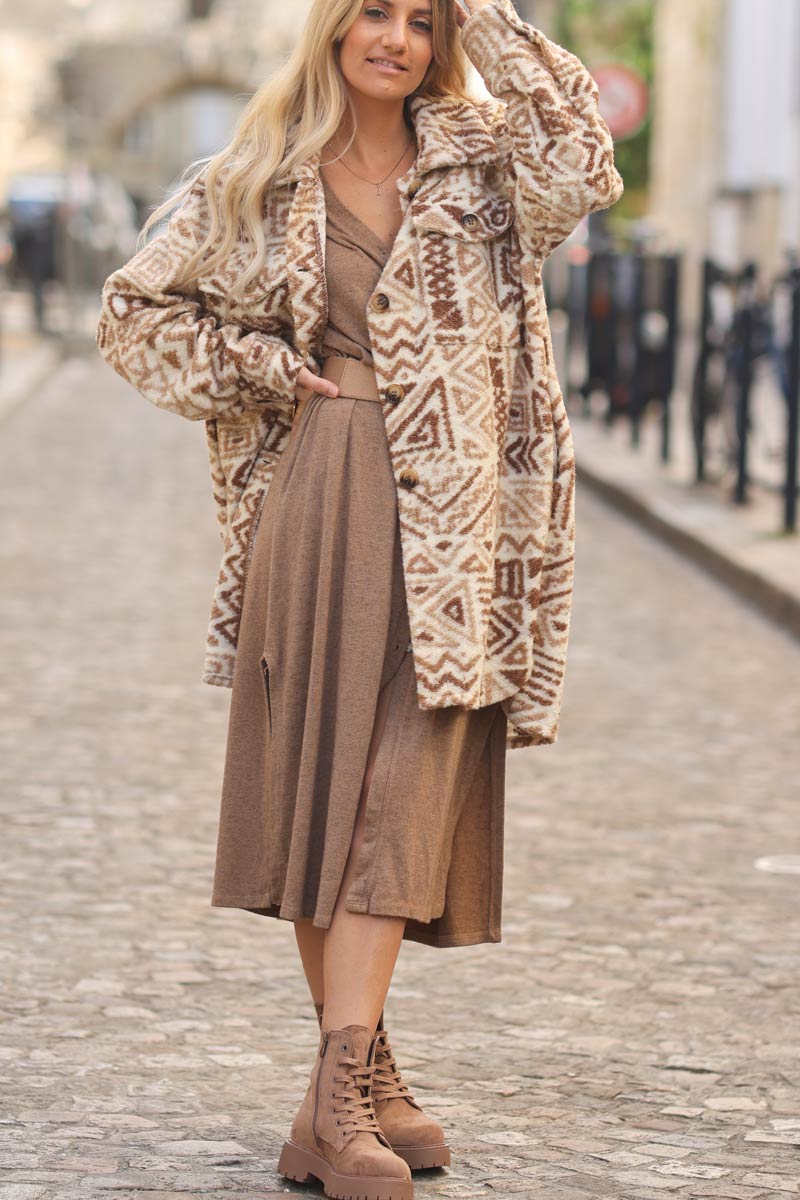 Robe boutonnee camel en jersey stretch etoile sequins dos E208 (1)