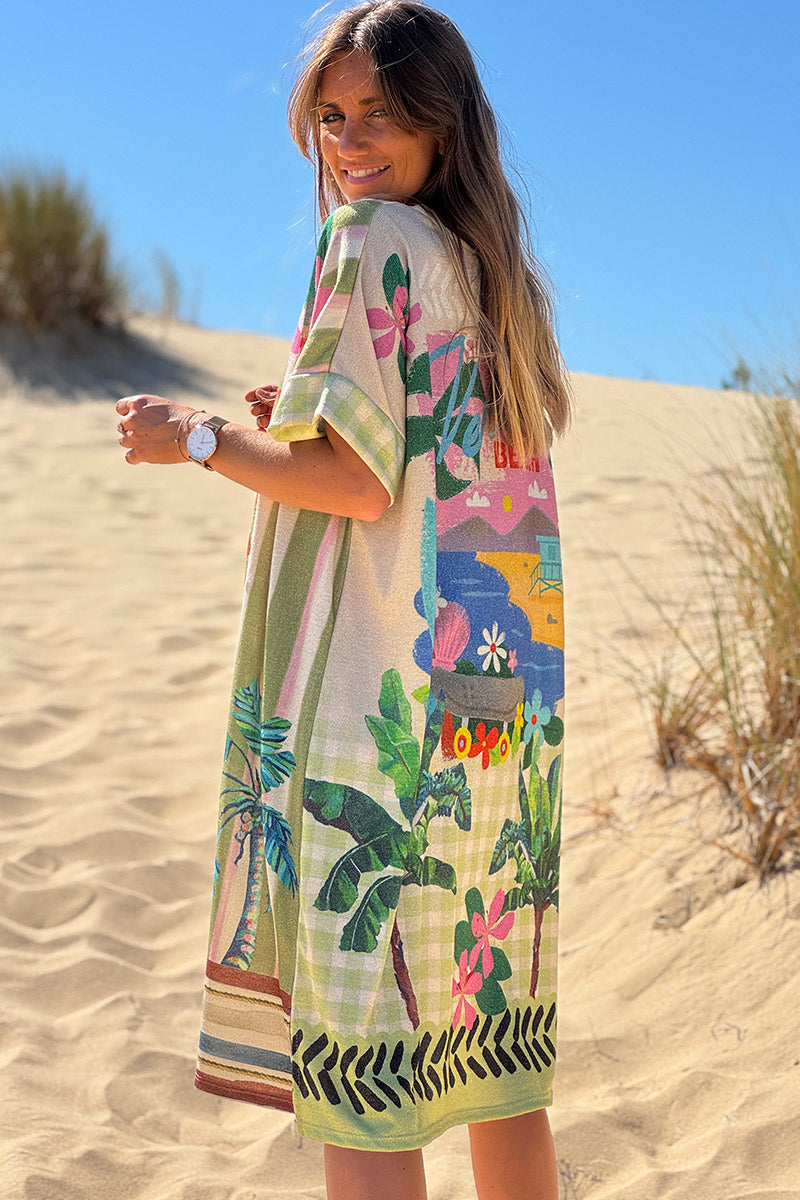 Robe brillante et large imprimé Bom Dia rayures vertes palmiers colorés