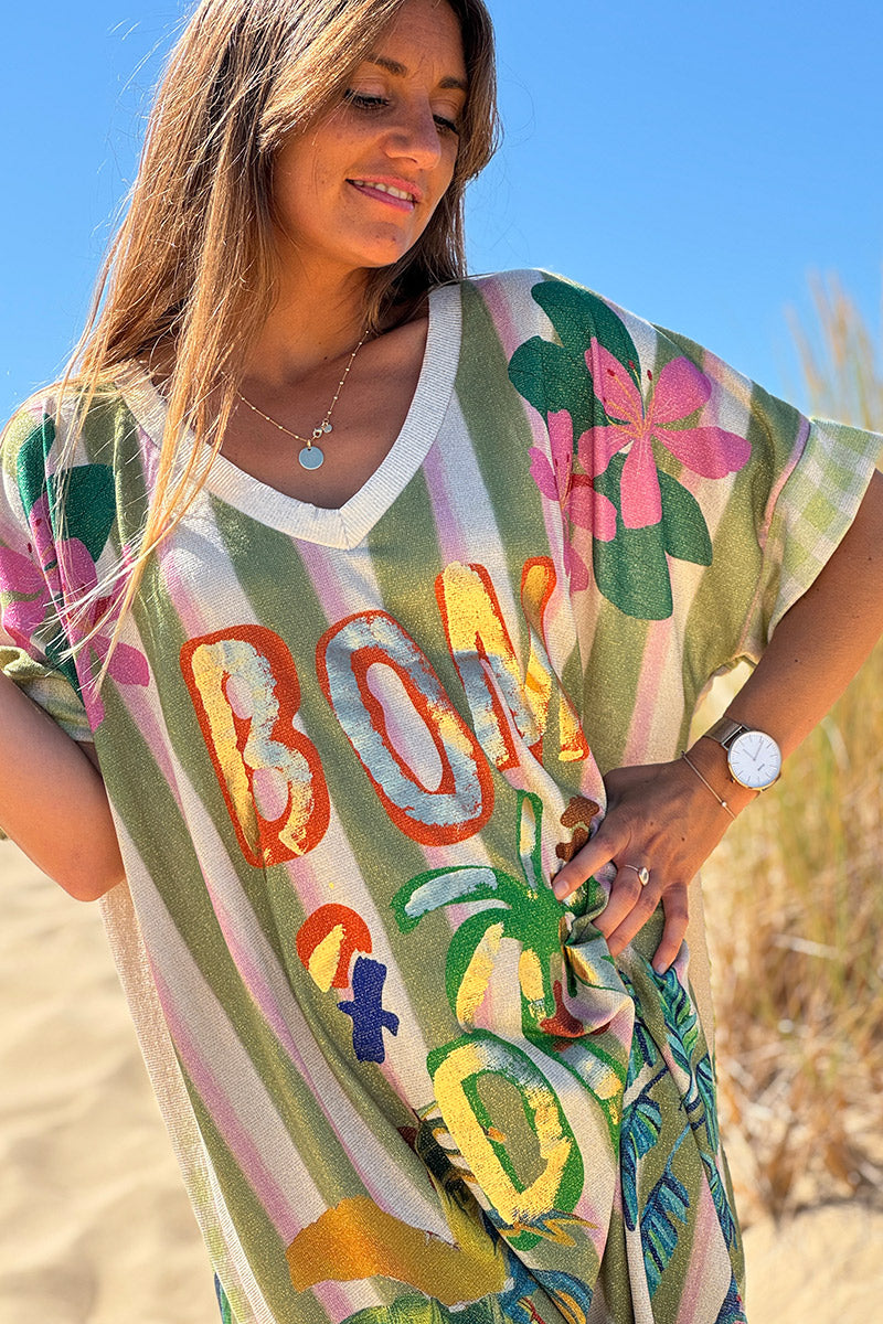 Robe brillante et large imprimé Bom Dia rayures vertes palmiers colorés
