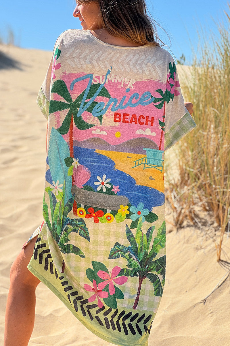 Robe brillante et large imprimé Bom Dia rayures vertes palmiers colorés