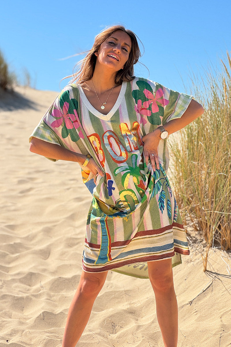 Robe brillante et large imprimé Bom Dia rayures vertes palmiers colorés
