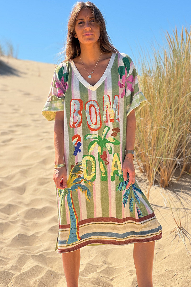 Robe brillante et large imprimé Bom Dia rayures vertes palmiers colorés