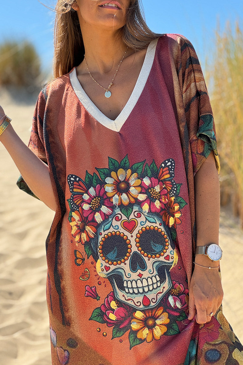 Robe brillante et large imprimé tête mexicaine fleurs colorées et dorées tie and dye