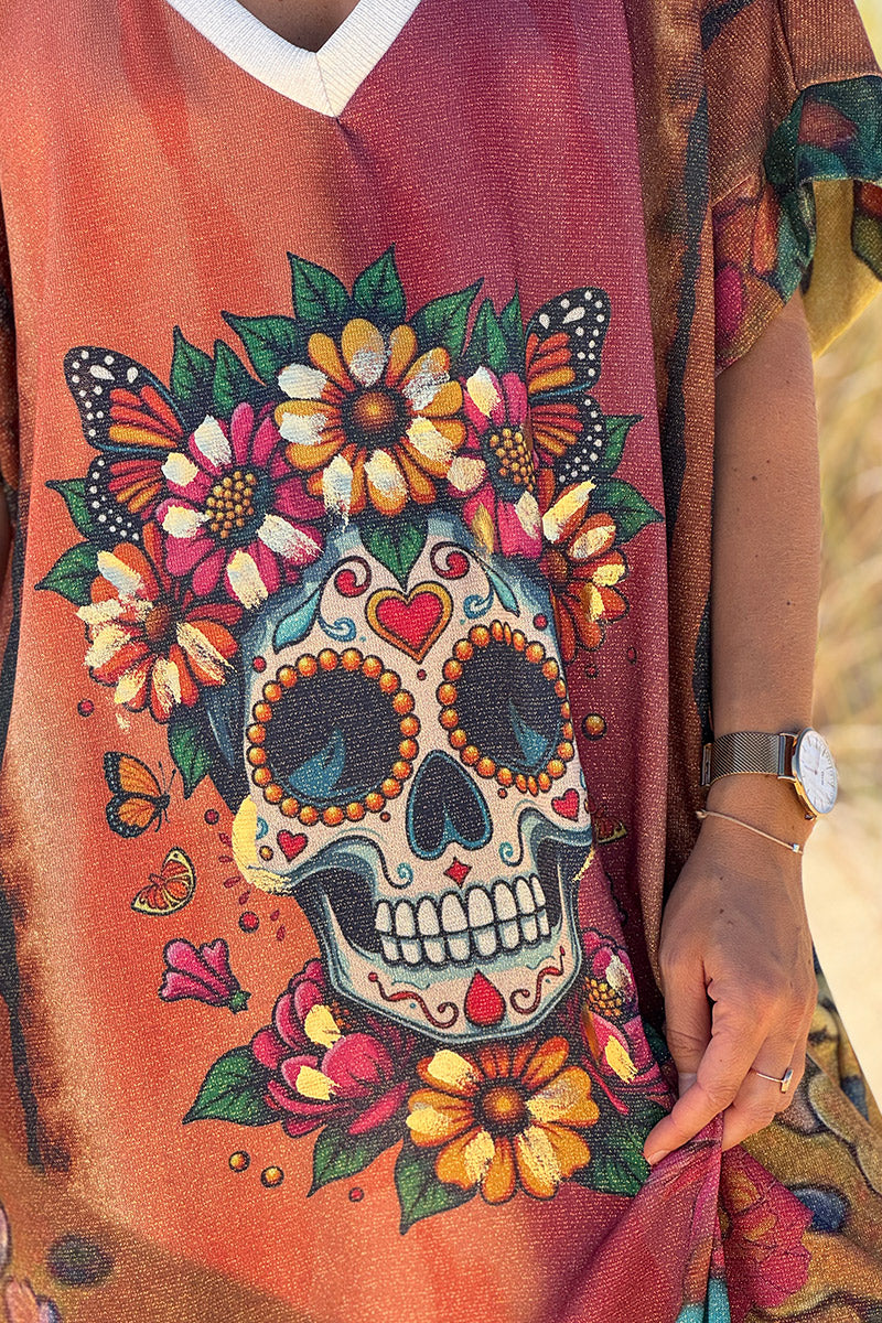Robe brillante et large imprimé tête mexicaine fleurs colorées et dorées tie and dye