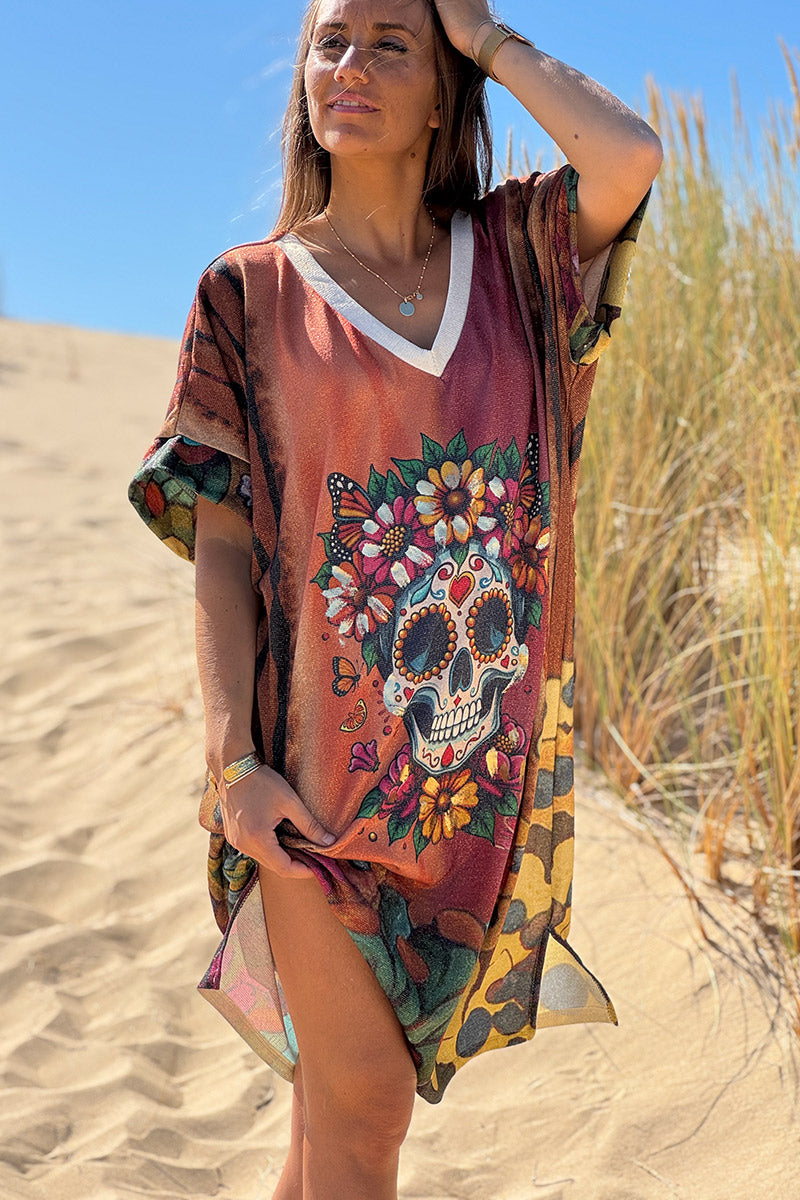 Robe brillante et large imprimé tête mexicaine fleurs colorées et dorées tie and dye