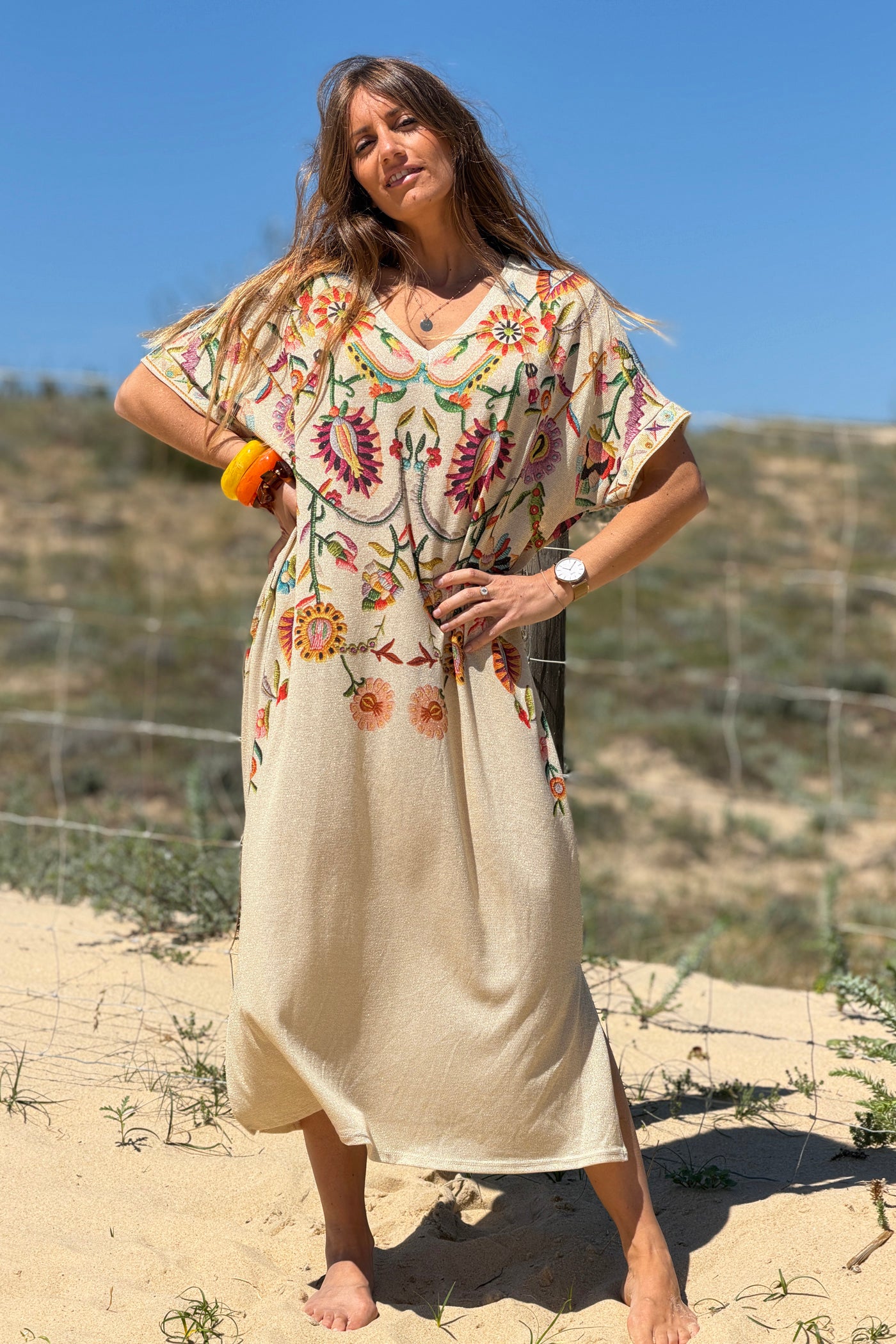 Beige Embroidered Folk Garden V-Neck Maxi Dress