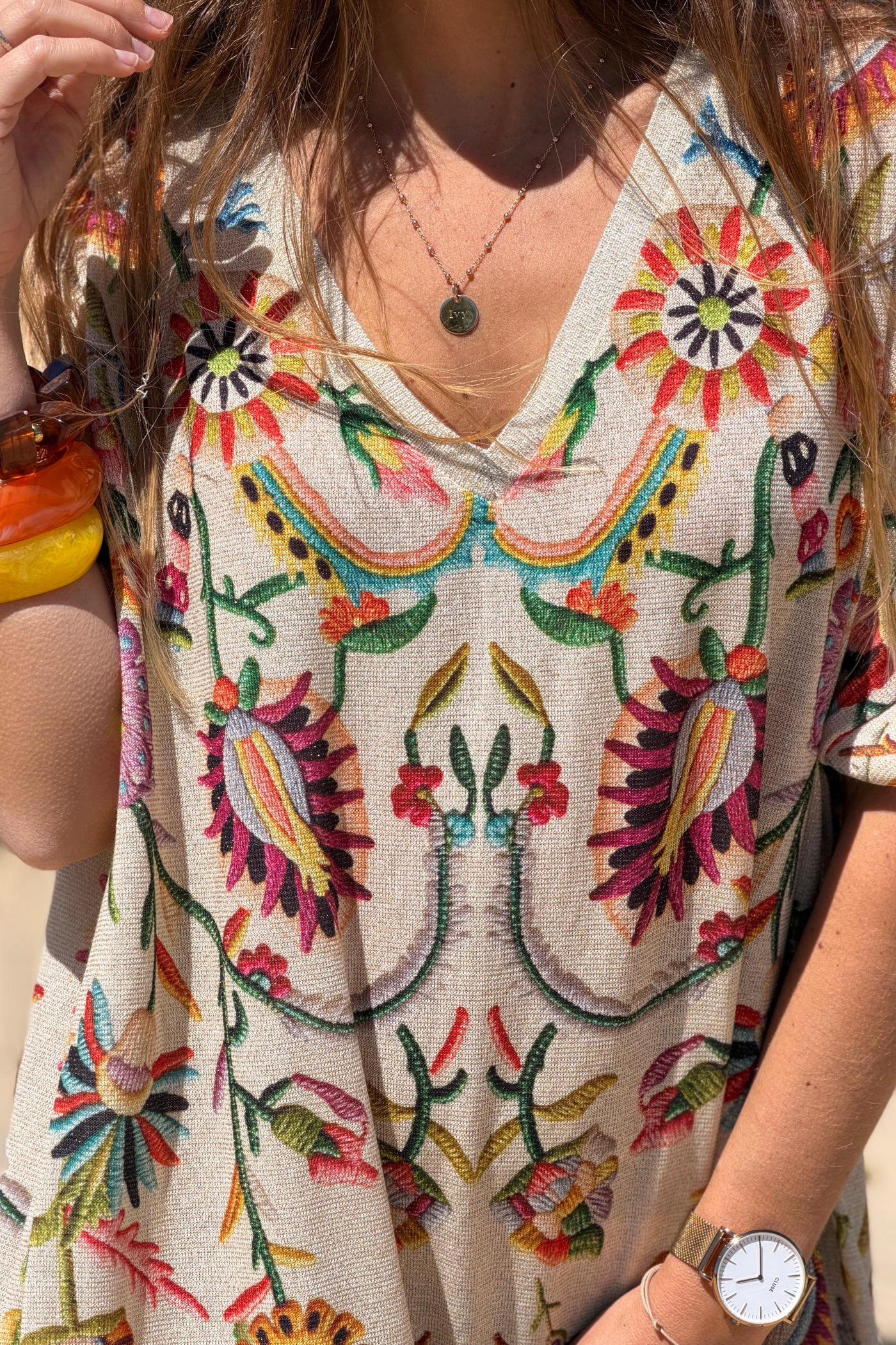Beige Embroidered Folk Garden V-Neck Maxi Dress