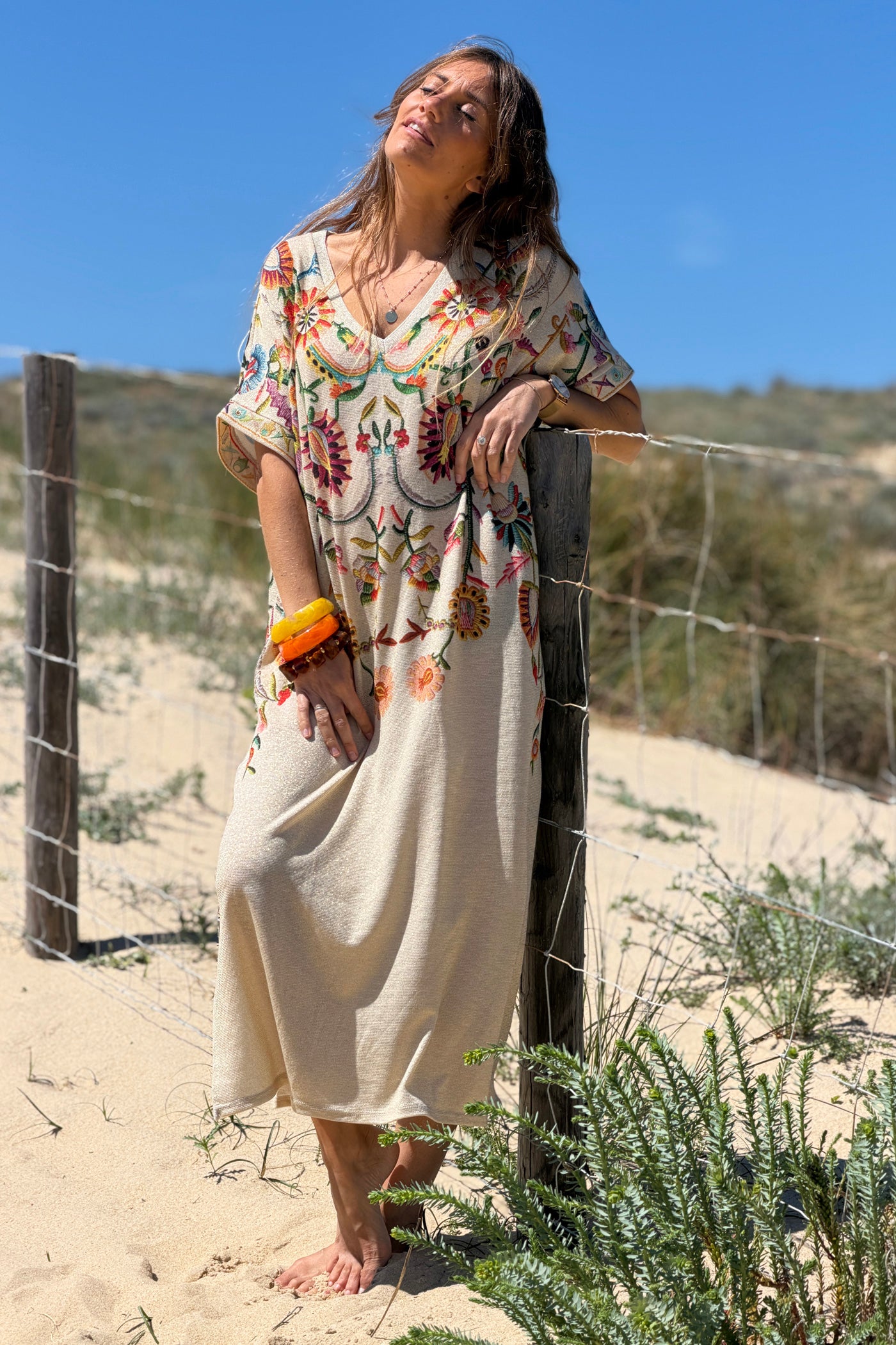 Beige Embroidered Folk Garden V-Neck Maxi Dress