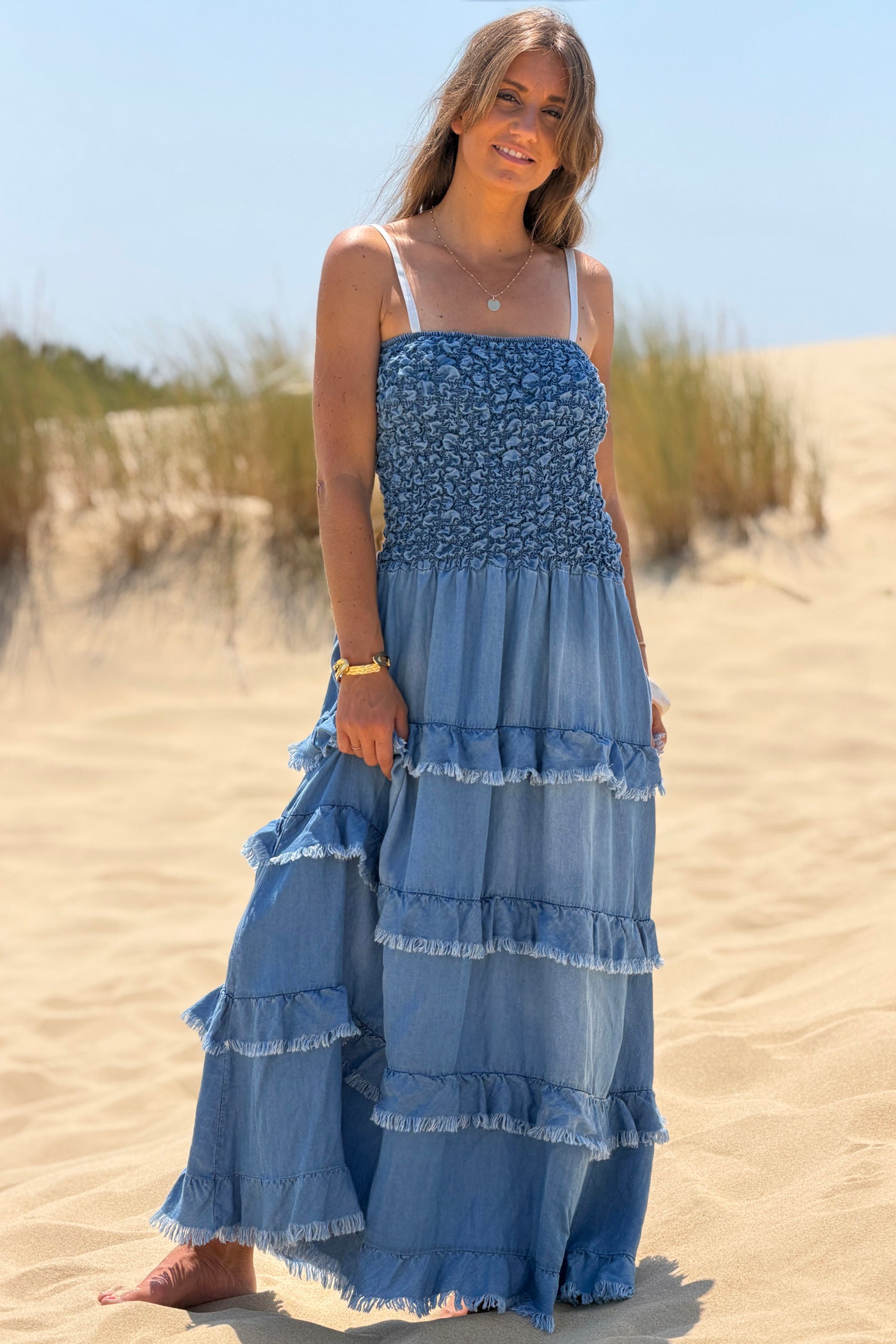 Robe bustier élastique smocke fluide en tencel avec volants franges