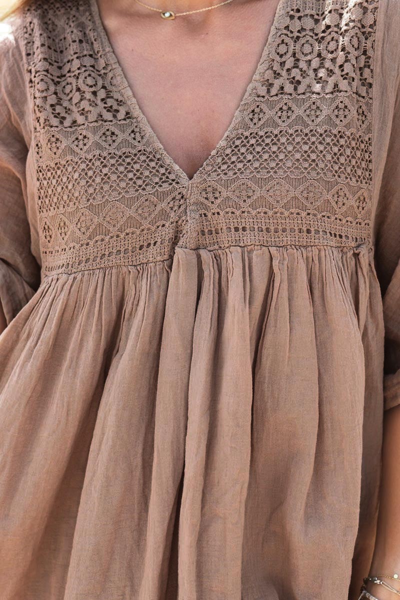 Robe camel légère voile de coton haut dentelle tunique femme broderie anglaise E190