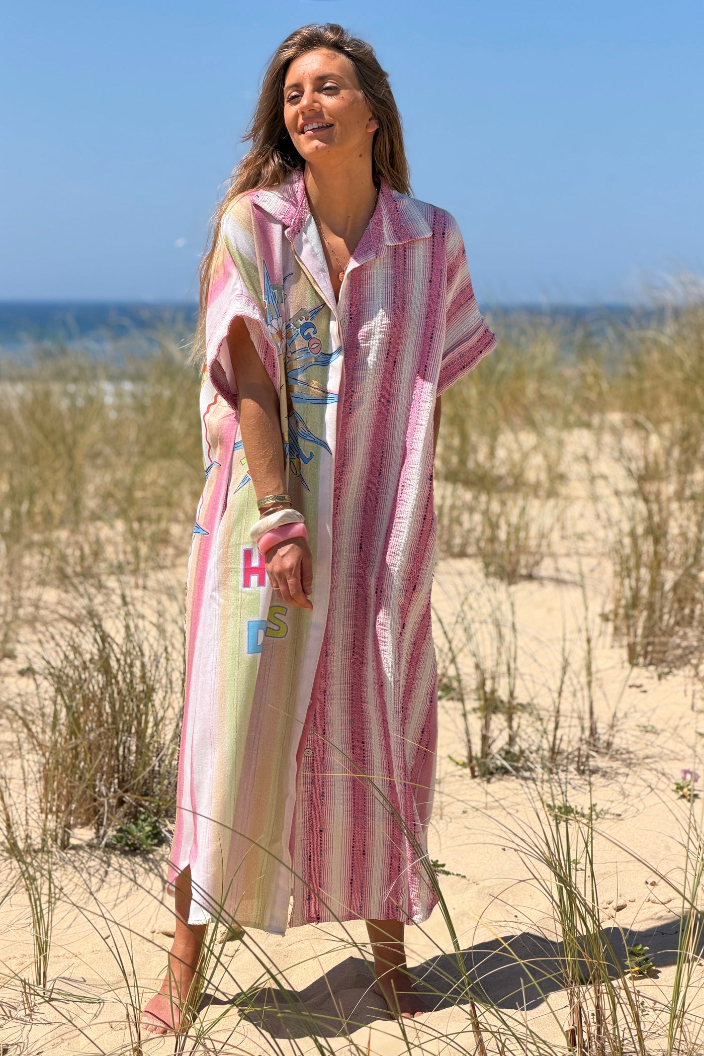 Pink “Happy Days” Pastel Stripe Gauze Caftan