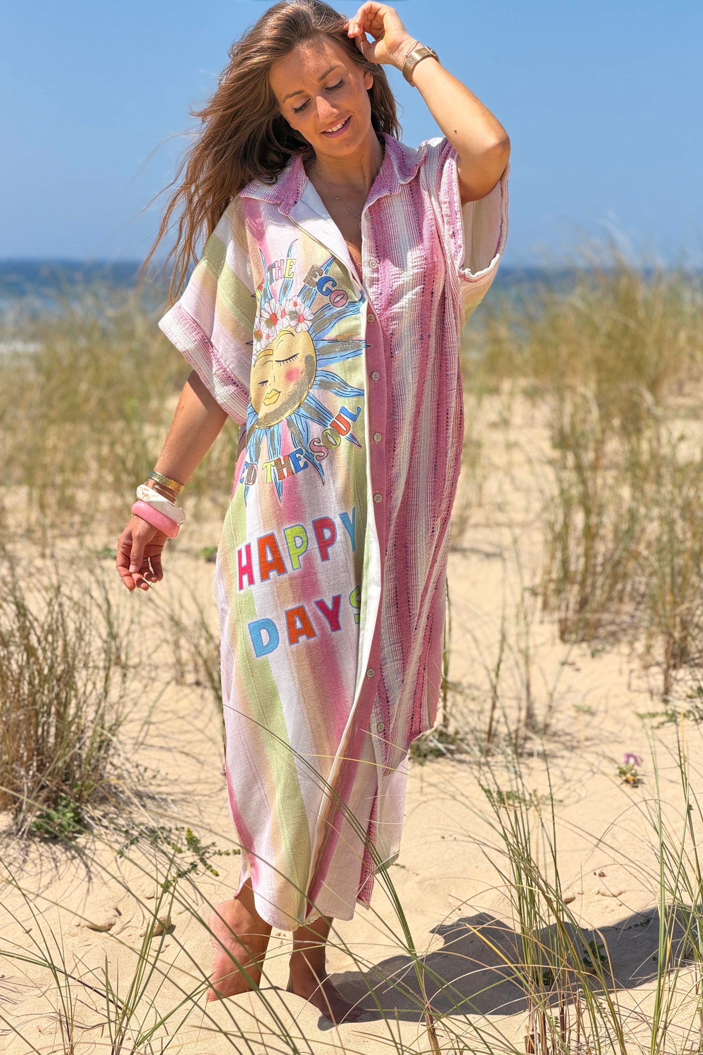 Pink “Happy Days” Pastel Stripe Gauze Caftan