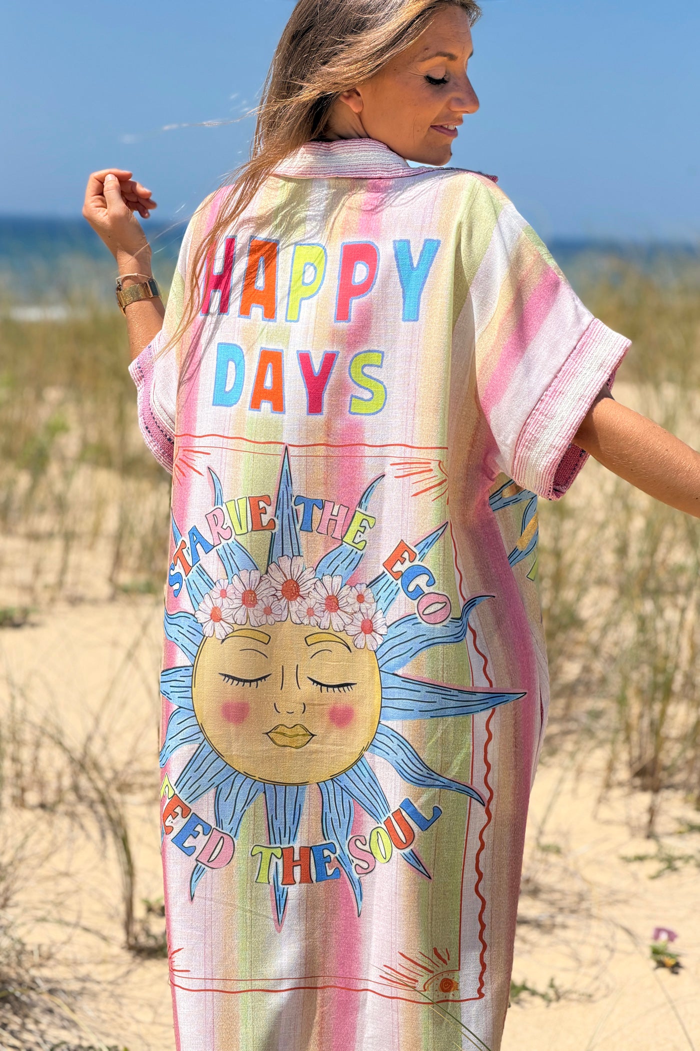 Pink “Happy Days” Pastel Stripe Gauze Caftan