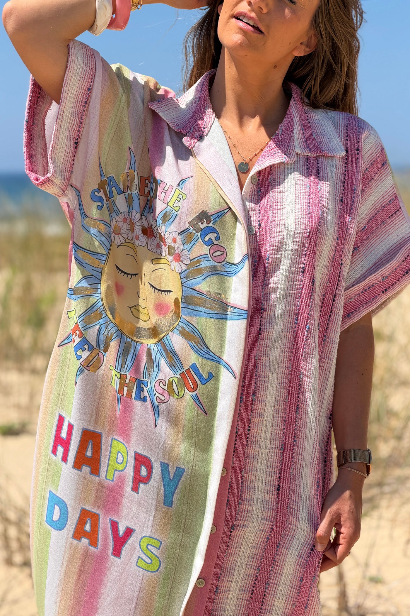 Pink “Happy Days” Pastel Stripe Gauze Caftan