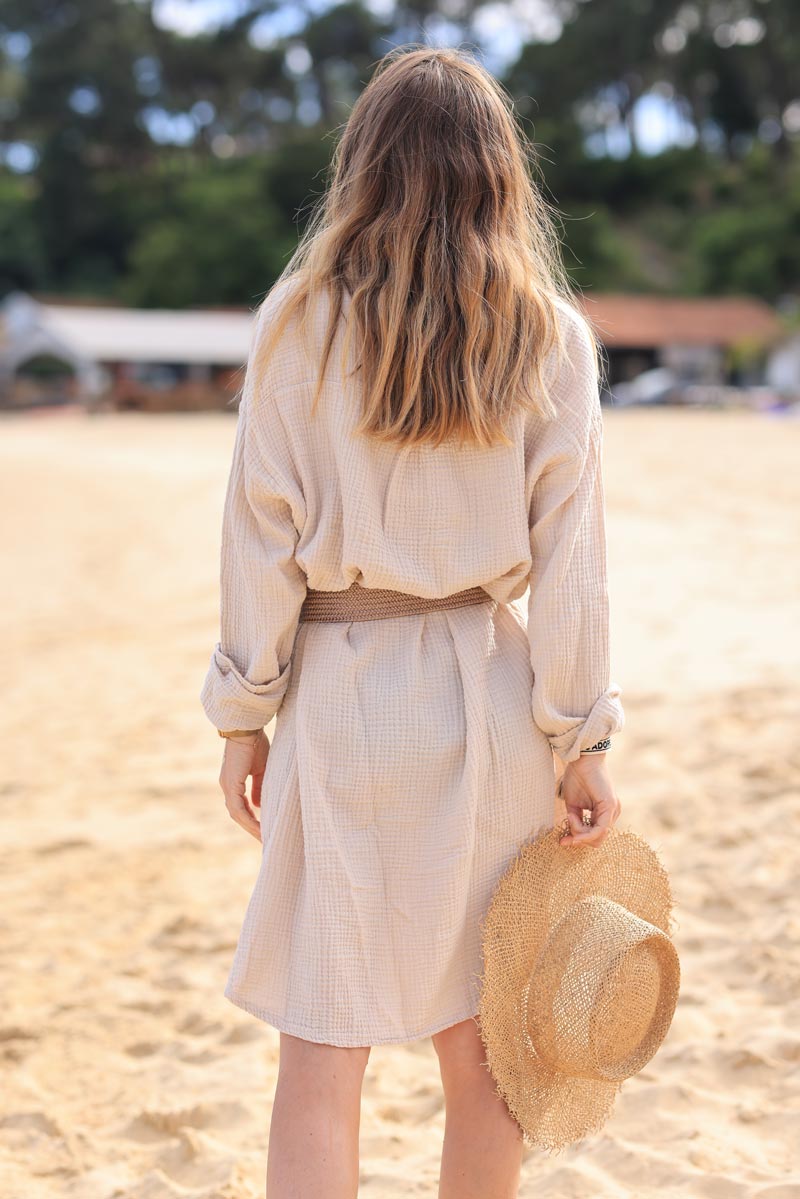 Robe chemise beige en gaze de coton boutons nacrés