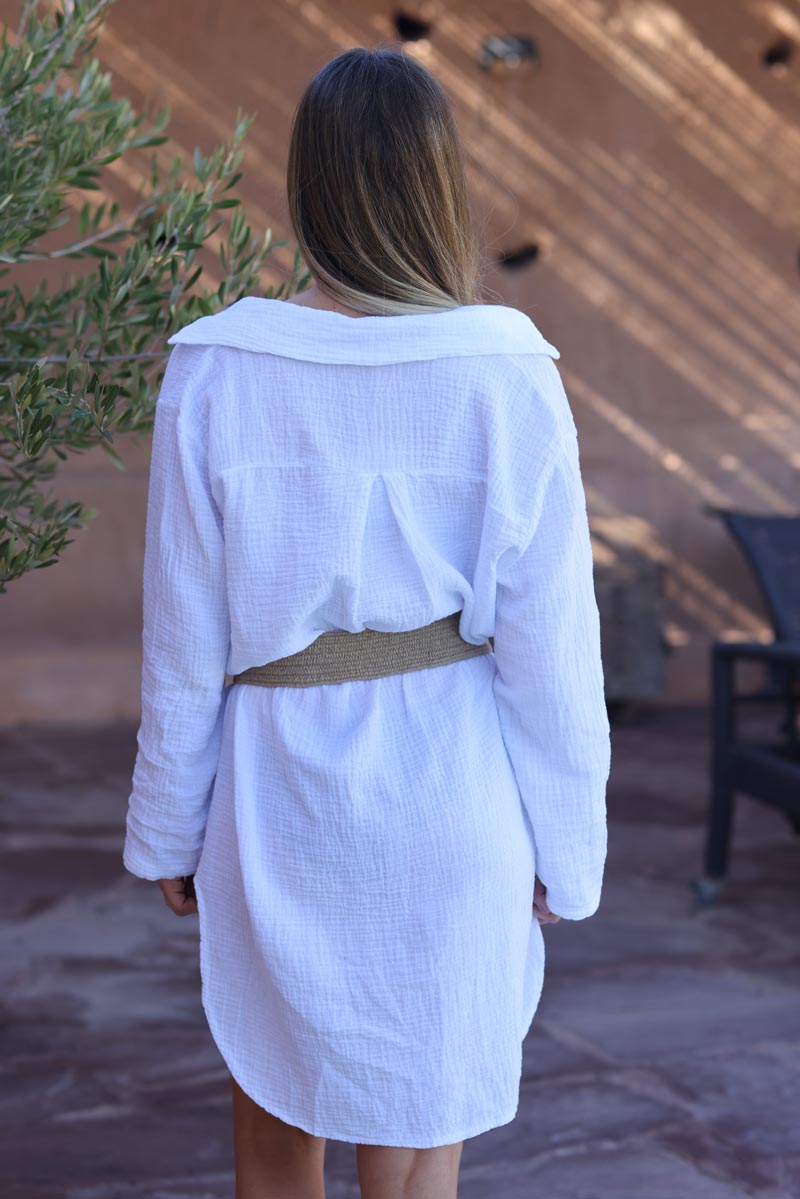 Robe chemise blanche boutons nacres en gaze de coton h041 (1)
