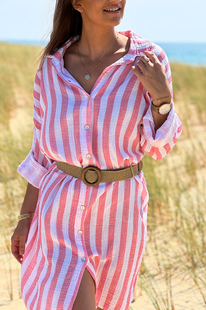 Coral Stripe Gauze Shirt Dress